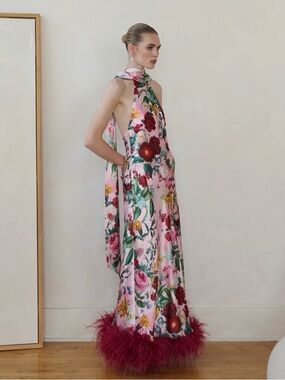 Vasiliki NWT Sleeveless Pink Floral Halter Gown with Feathery Hem